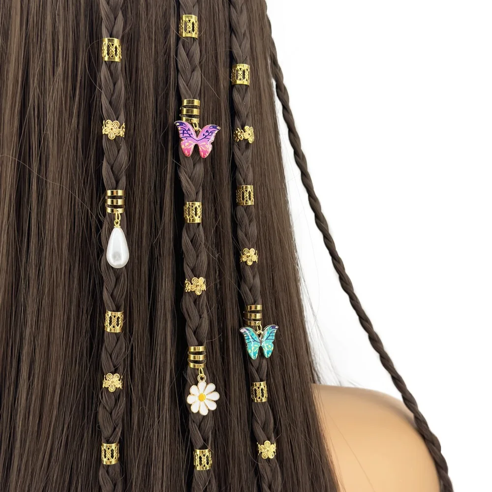 34pcs Butterfly Hollow Out Hair Ring Dread Locks Hair Braiding Dreadlocks Beads Headwear Metal Cuff Clips Hair Braid Tubes