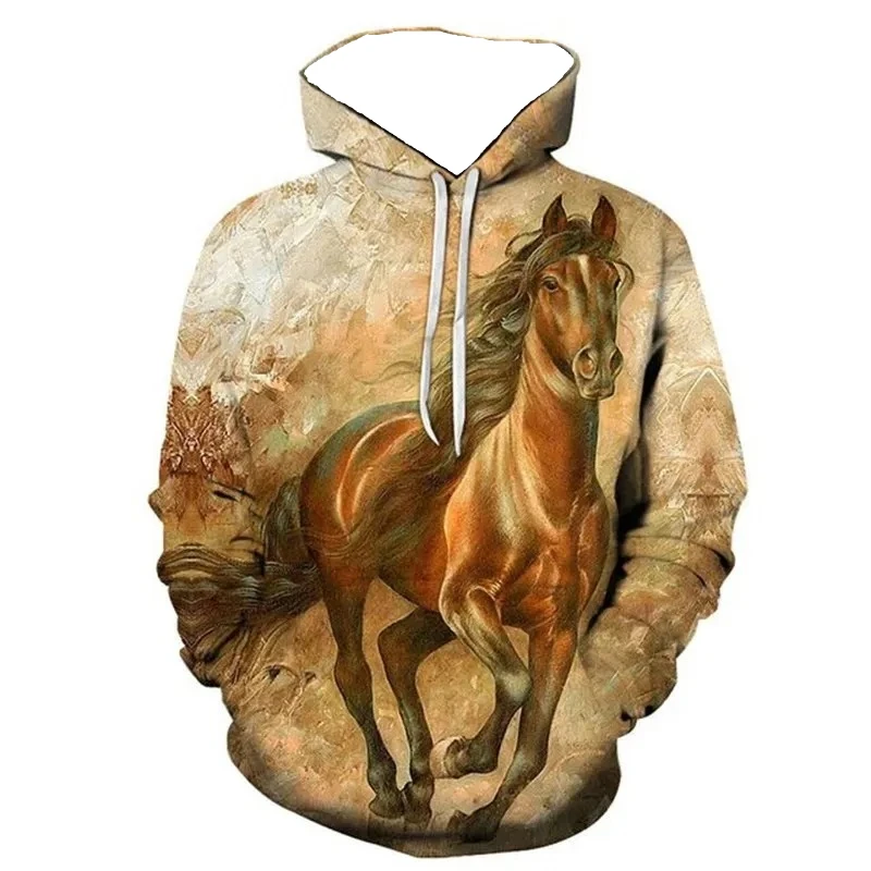 الخريف الرجال مقنعين البلوز ثلاثية الأبعاد مطبوعة الحيوان الحصان طباعة طويلة الأكمام البلوز عادية البلوز Harajuku الشارع الشهير #1