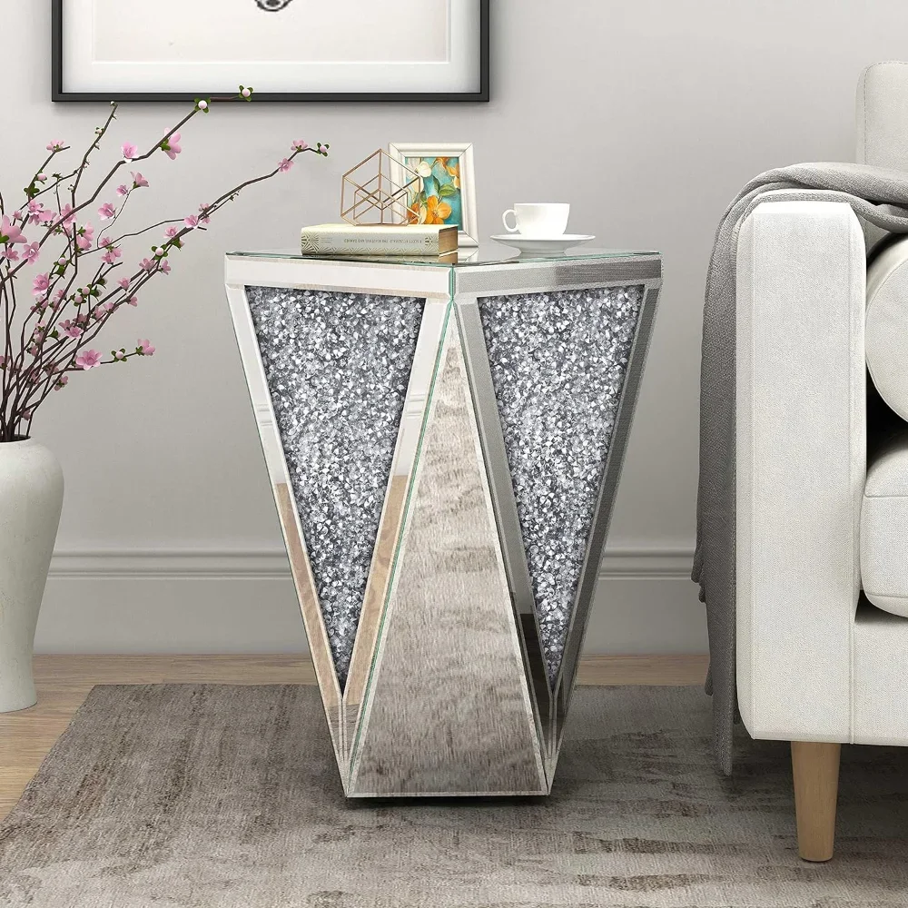 Mirrored End Table Crystal Diamond Setting Coffee Table Silver Glass Side Table Pedestalng Room, Corner, Bedroom, Sofa