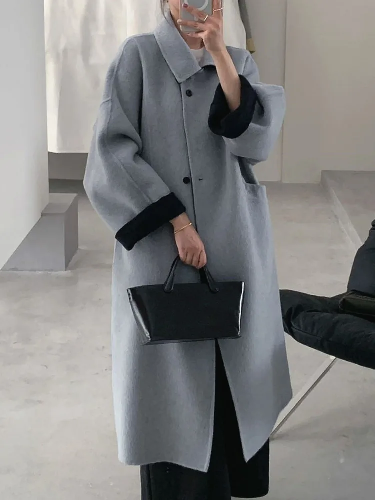 ZMEENNA レディース ロング ウール ブレンド コート リバーシブル コントラストカラー カフス ターンダウンカラー 暖かい冬用アウター ZM4414