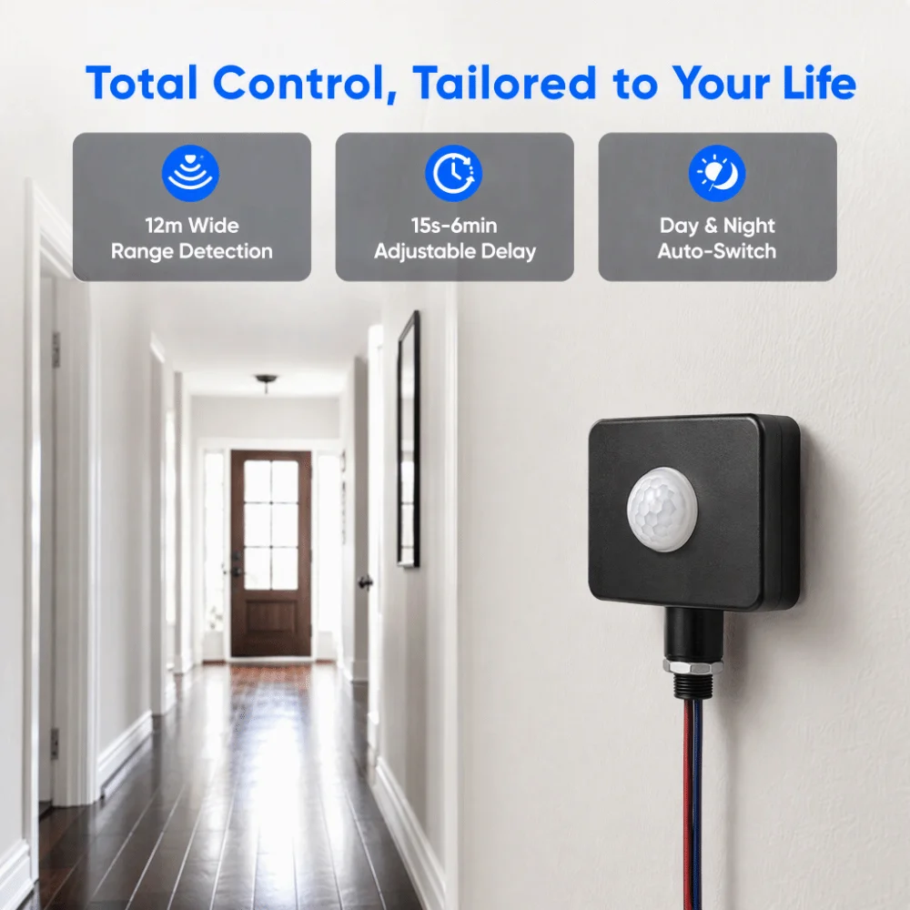 Sensitive Adjustable Motion Sensor Switch Energy Saving Black Infrared Light Switch Motion Detector Switch Outdoor