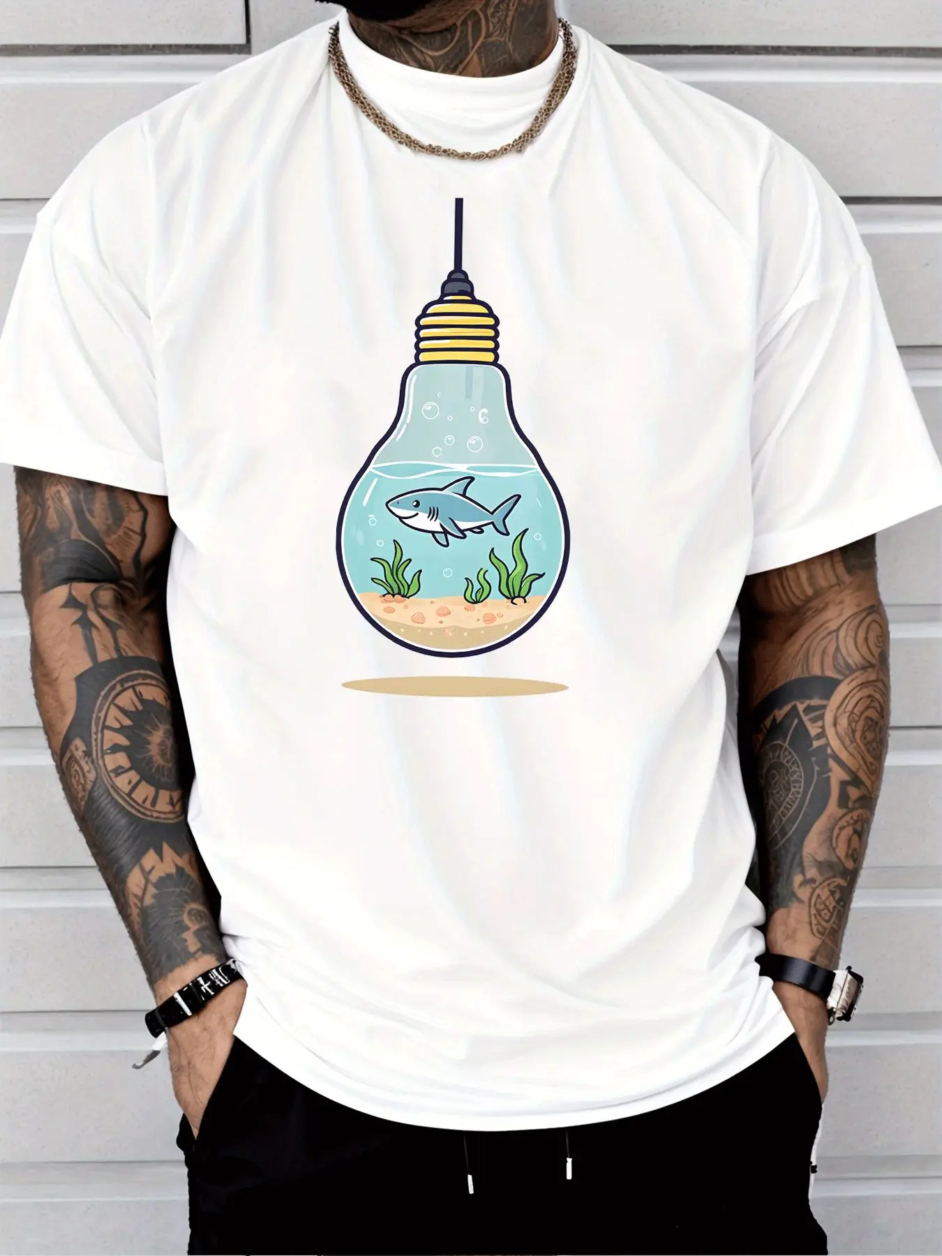 Men Black Crew Neck Tee Cartoon Light Bulb Aquarium With Shark Seaweed Sand Underwater Scene Creative Ocean Casual Cotton Tops