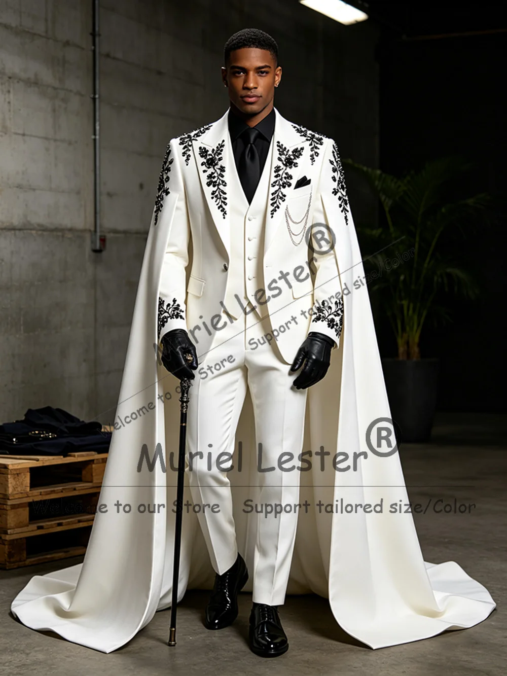 Handmade Tuxedo Suit Set For Man Wedding 3 Piece Sets Luxury Crystals Sequin Prom Blazer With Cape Long Man Dinner Party Clothes