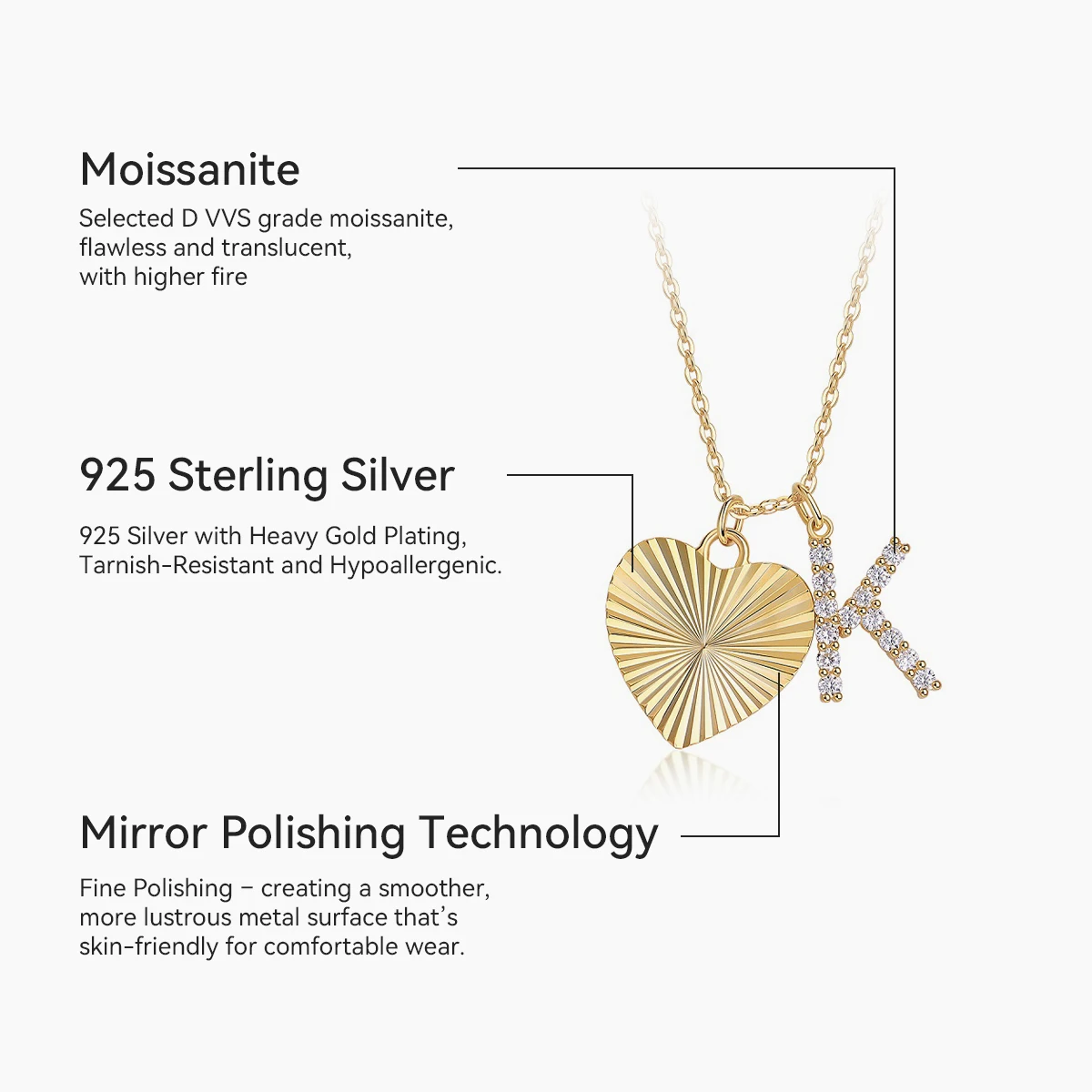 Kfvanfi heart-shaped women's necklace luxury moissanite silver 925 plated 18k gold clavicle chain letter K pendant fine jewelry
