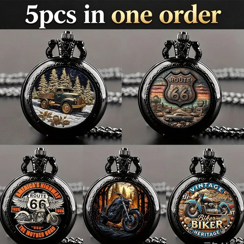 5Pcs Vintage Motorcycle Route 66 Pattern Quartz Pocket Watch Set, Black Retro Pendant Fob Watch With Chain, Biker Gift For Men
