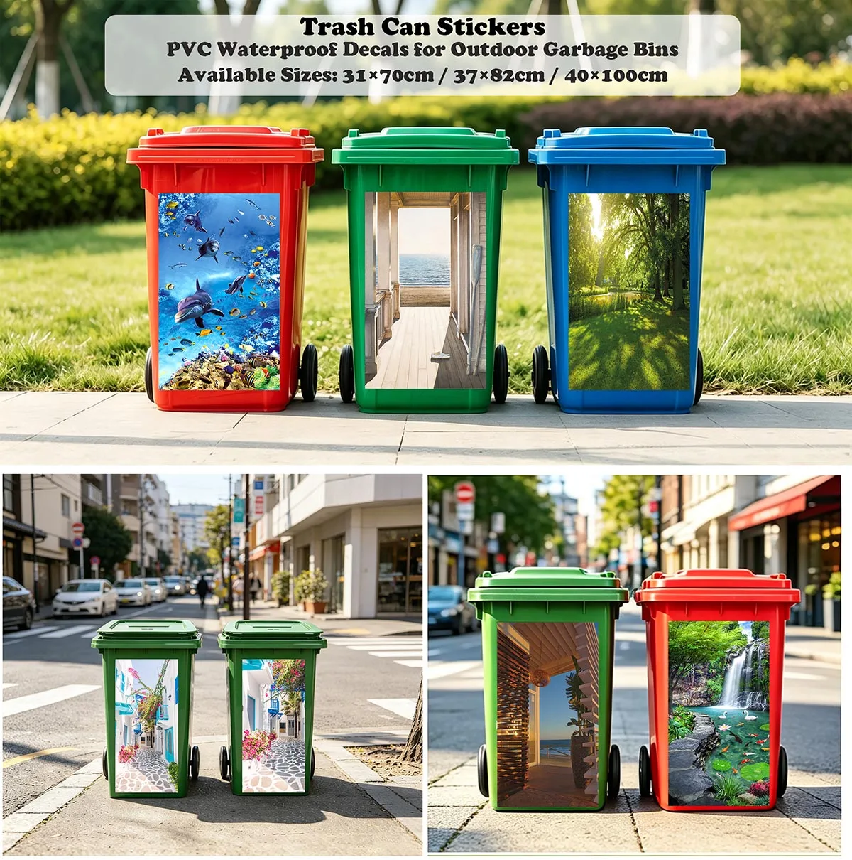 Coastal Porch Ocean View Trash Bin Decal, Waterproof PVC Wrap for Outdoor Curbside Waste Can Art Mural Decals