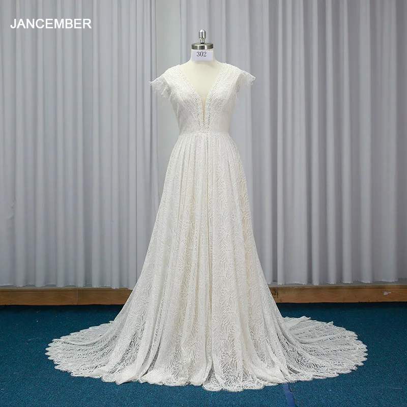 Robe de mariée trapèze en dentelle, robe de mariée de luxe avec cristaux, col en v, manches courtes personnalisées, robes de mariée pour mariée