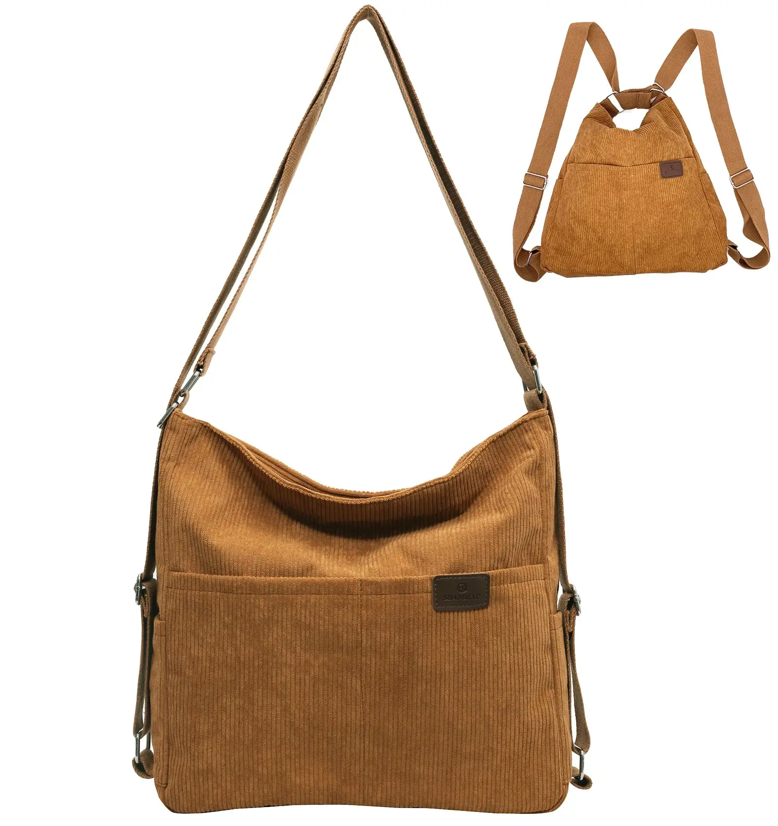 Bolso de mano de pana para mujer, bolsa de hombro Convertible, mochila con múltiples bolsillos, bolso Hobo con cremallera