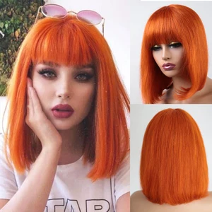 Perucas retas sem cola com estrondo para mulheres negras, cabelo curto brasileiro, vermelho natural, barato, feito à máquina, barato, 99J 10 principais vendas wig com franja vermelha - №5