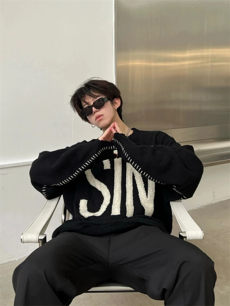 

Осень-зима Святой Майкла SIN, сшитый вручную жаккардовый свитер с потертым дизайном, винтажный уличный повседневный мужской топ большого размера