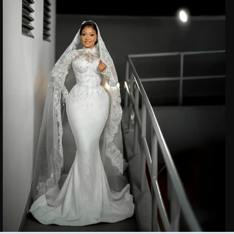 Suknia ślubna z wysokim dekoltem, zdobiona aplikacjami i koralikami, Vestido De Casamento, długi rękaw, vintage.