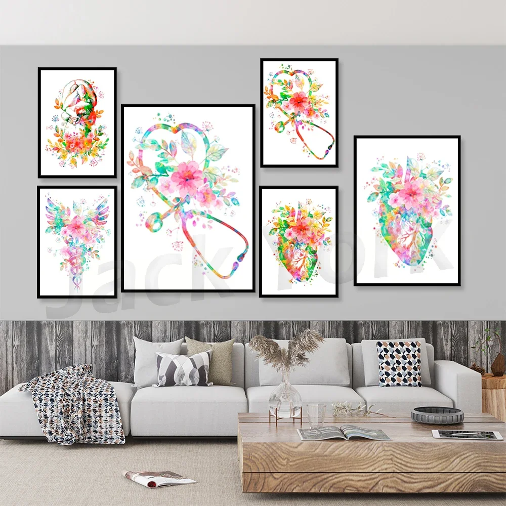 Healthcare Watercolor Print Doctor Gift Stethoscope Caduceus Anatomical Heart Medical Poster Clinic Wall Decor Nurse Gift