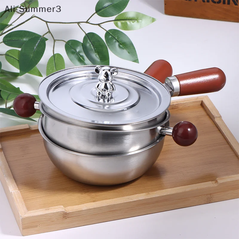 Single-Person Heat-Resistant Stainless Steel Pot Wood Handle For Fruit Salad Yogurt Breakfast Kitchen Cooking Bowl