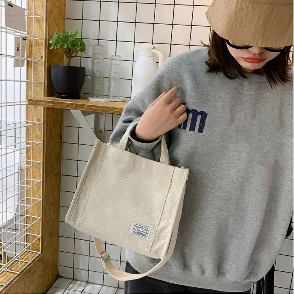 Women's Corduroy Zipper Shoulder Bag Retro Art Cotton Canvas Handbag Casual Tote Female Eco Crossbody Bag Vintage Messenger Bags