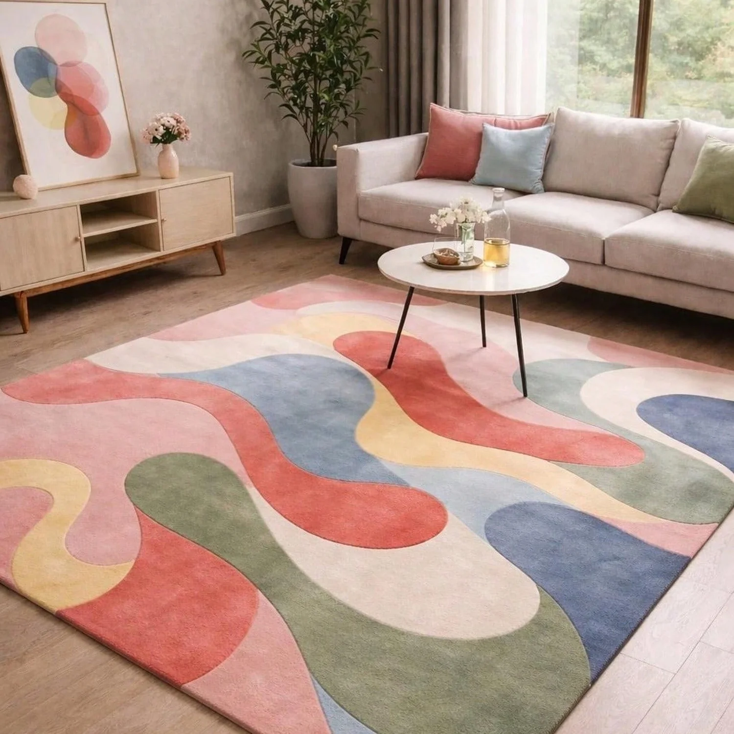 Abstract Wave Pattern Carpet, Multi-Colored Living Room Carpet, Modern Art Style Carpet.