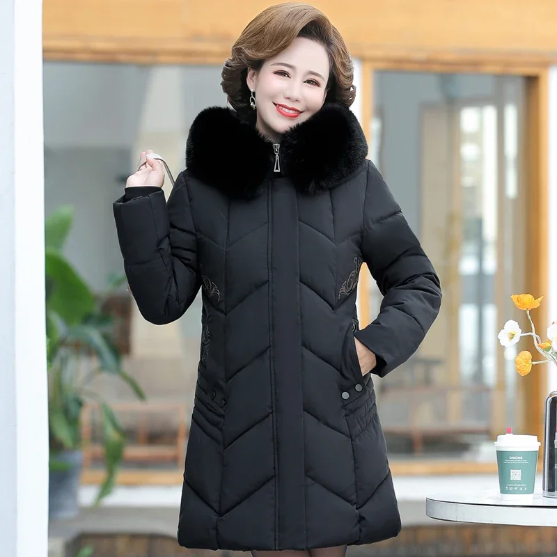 Middle-aged Women\'s Winter Coats Hooded Fur Collar 2023 New Casual Winter Clothes Women Down Jacket Thick Warm Loose Long Parkas