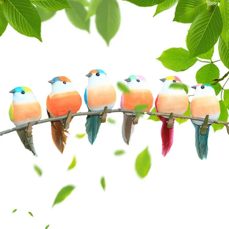 Oiseaux en plumes de mousse décoratifs pour jardin, ensemble d'artisanat, simulation de faisceau de plantes vertes, ornement coloré pour la maison, 6 pièces