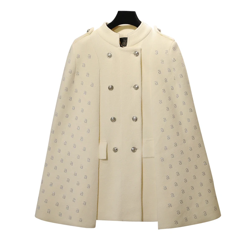 Women Winter Double Breasted Long Casual Stand Collar White Black Tweed Style Cloak Cape Woolen Coat Outwear