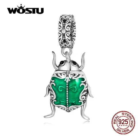 WOSTU 100% 925 Sterling Silver Exquisite Green Beetle Elf Pendant Insect Charms Bead Fit Original DIY Bracelet Fine Jewelry Gift