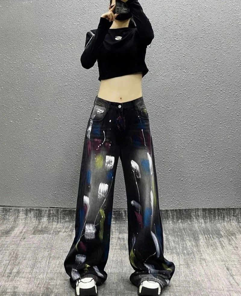 New Painted Mixed Color Denim Wide Legs Spring Autumn Women's High Waist Loose Look Slim Casual Pants