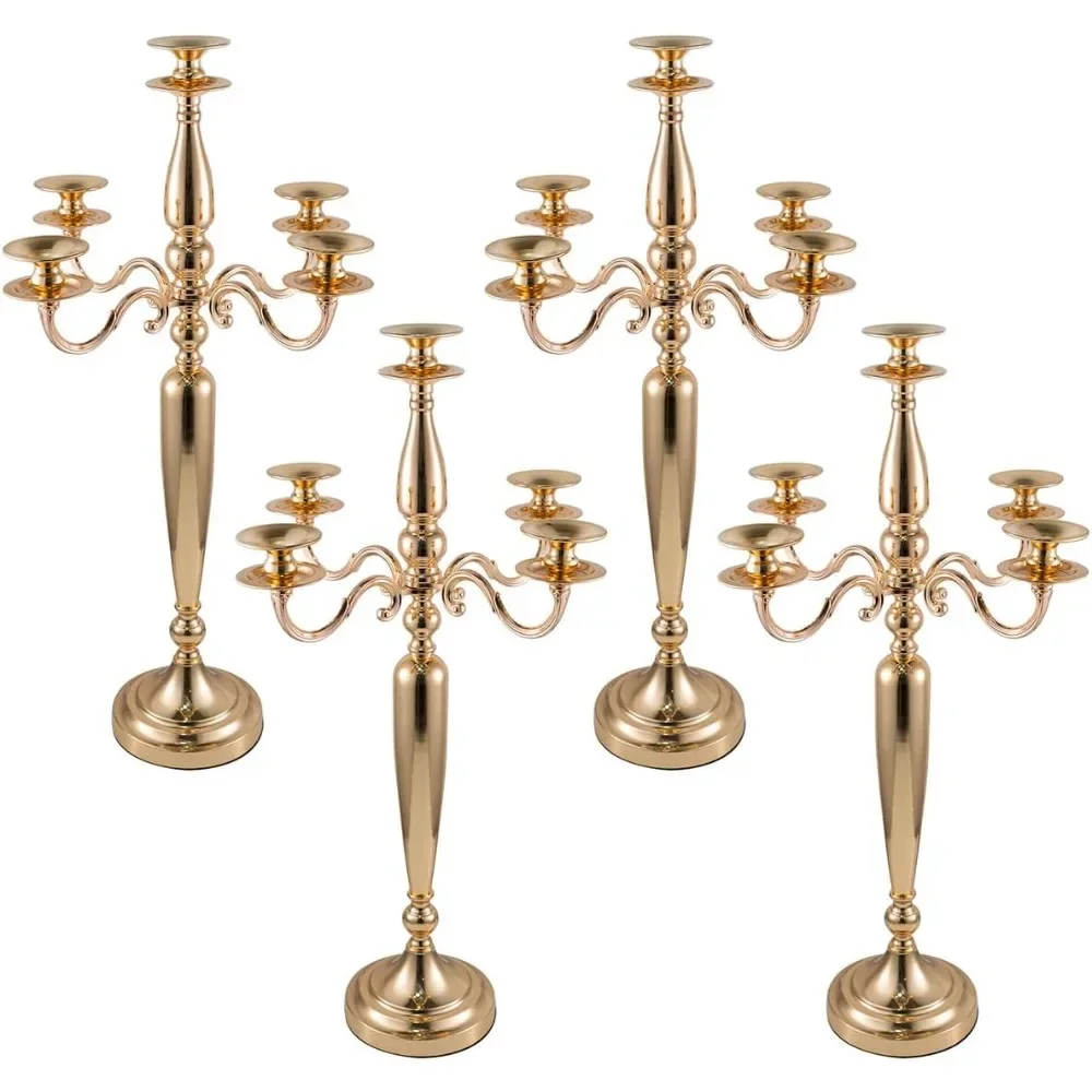 4Pcs 5 Arm Candelabra, Gold Taper Candle Holder for Wedding Table Centerpieces, Christmas Valentine's Day Decorative Metal