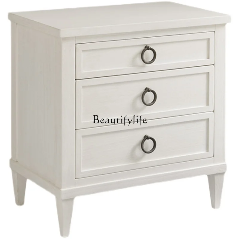 

American White Open Paint Solid Wood Bedside Cabinet Mediterranean Simple Storage Bedside Cabinet