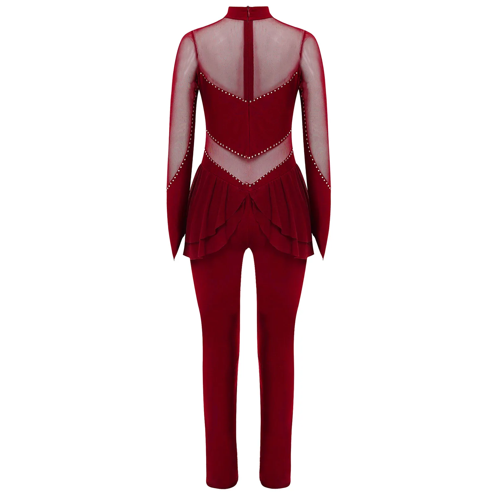 Ballet Gymnastics Jumpsuit Figure Ice Skating Performance Costume for Kids Girls Mock Neck Long Sleeve Sheer Mesh Rhinestone