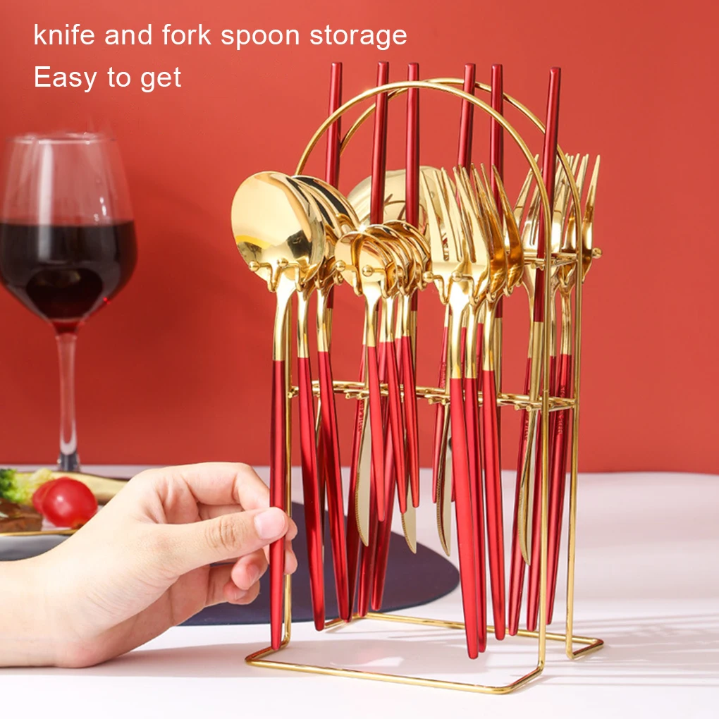 

24Pcs Stainless Steel Cutlery Set Spoon Flatware Dinnerware Gift Knife Fork Portable Supply Party Red and Gold