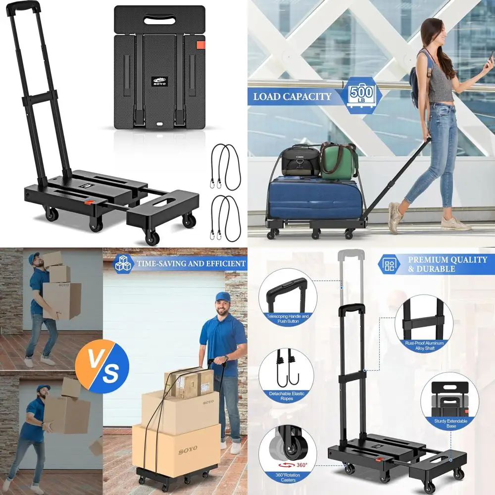 

Складная 6-колесная тележка для тяжелых грузов, грузоподъемность 227 кг, портативная тележка для переездов, покупок и офиса, черная