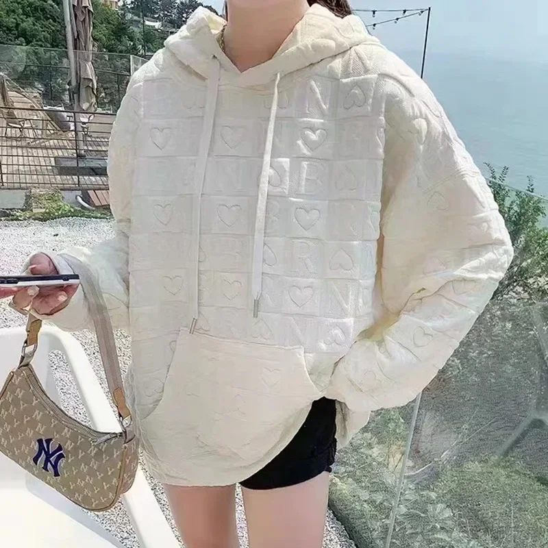 Y2k Autumn Women's Sweetshirts Love Print O-Neck Pullovers Sweatshirt Casual Loose Long Sleeve Hood Korean Style Baggy Hoodie