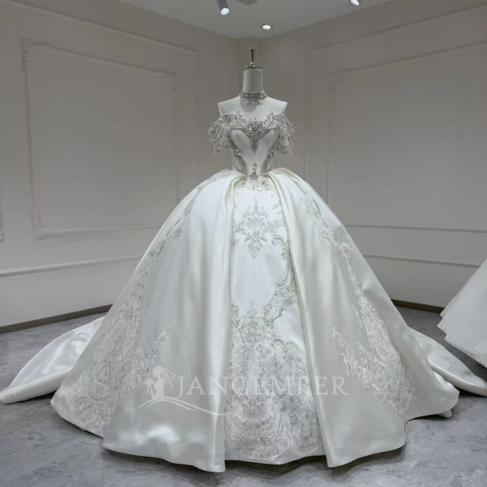 

Exquisite Wedding Dress Customized Scoop Neck Short Sleeves Beading Lace Satin Ball Gown Woman Bridal Gown Robe De Mariage