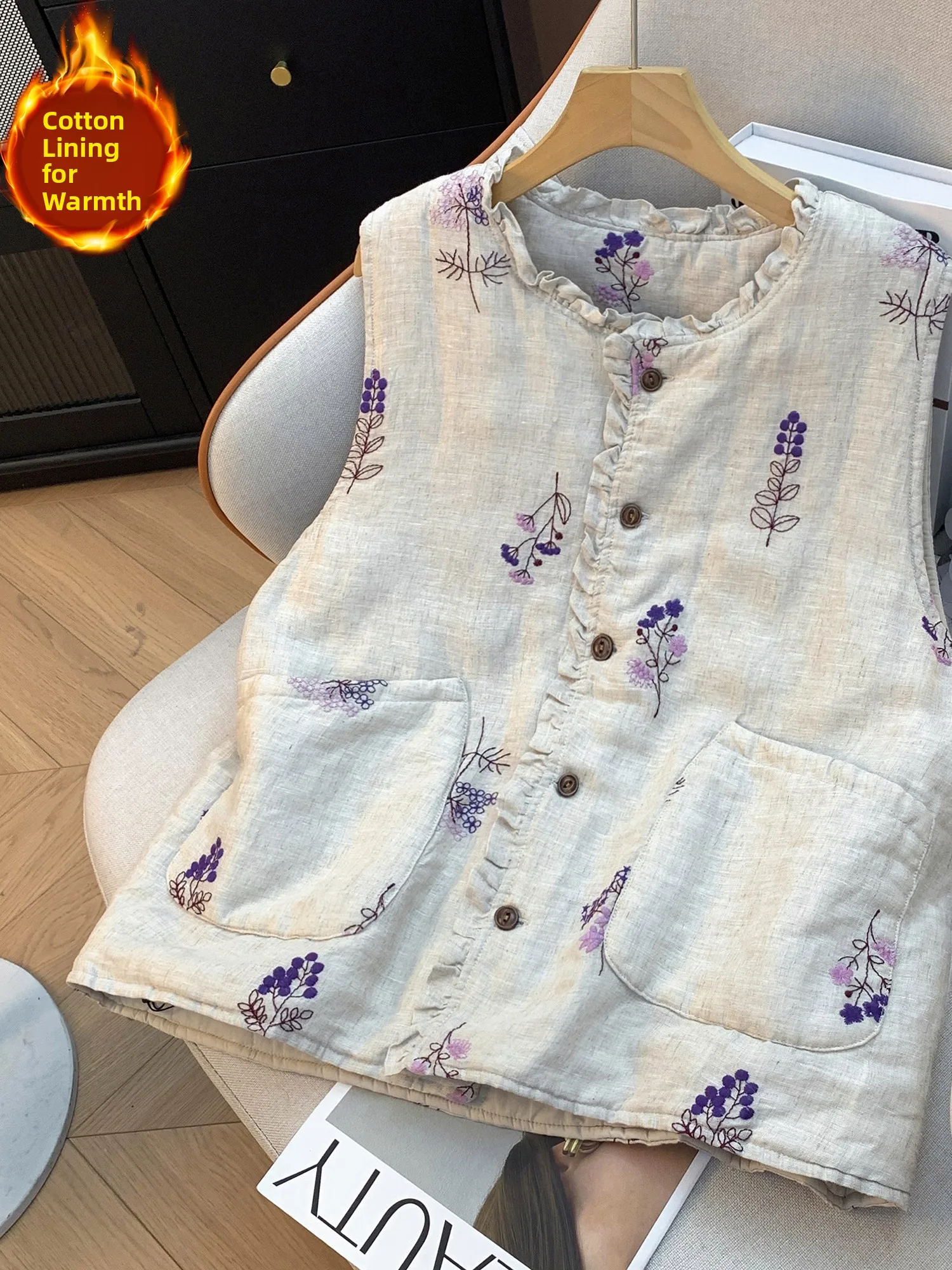 Warmth Women's Linen Purple Flower Jacket Cotton Vest Thickened Artistic Style Outerwear Collar with Wood Grain 