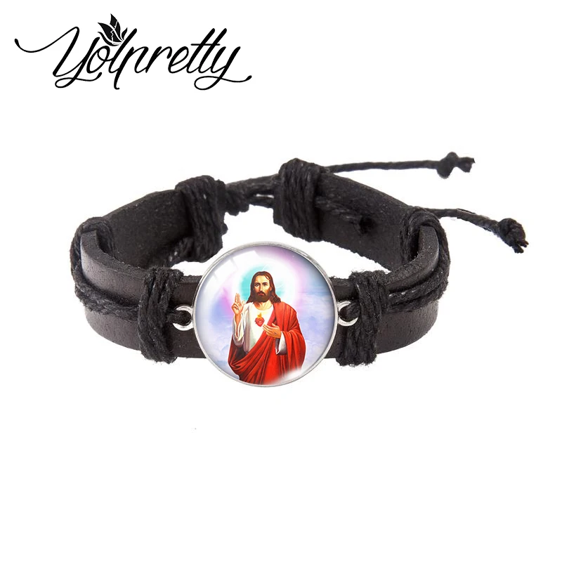 2023 New Fashion Jesus Blessed You Cross Faith Paintings Glass Dome Black Leather Bracelets Handcraft Jewelry for Men