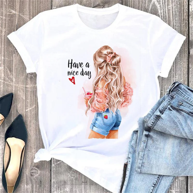 Beautiful 90s Girls Print Women Tops Fashion O Neck T Shirt Funny Aesthetics Graphic Print Women T Shirts Female Clothes