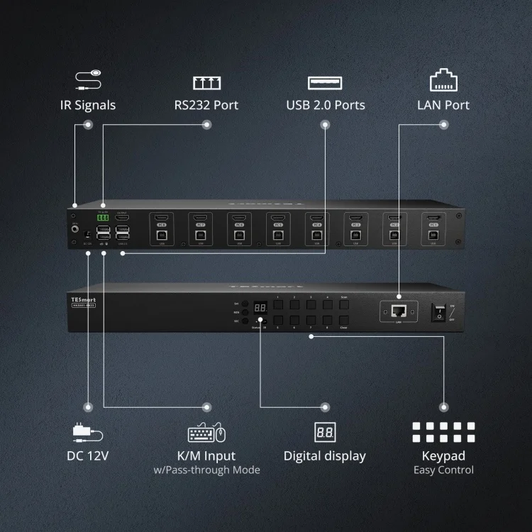 8 منافذ HDMI KVM Switch 4K30 هرتز تدعم RS232/LAN Control KVM Switcher