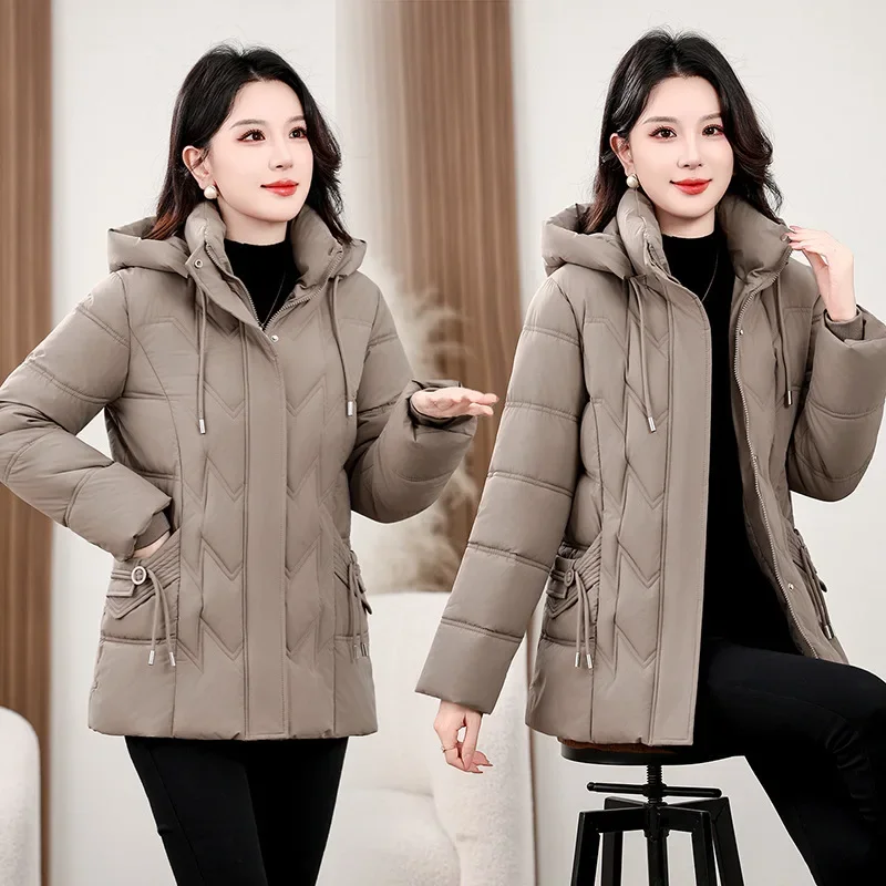 Casual Geometric Quilted Padded Coats Women Mid-Length Hooded Zip Up Drawstring Waist Thickened Thermal Windproof Winter Jackets