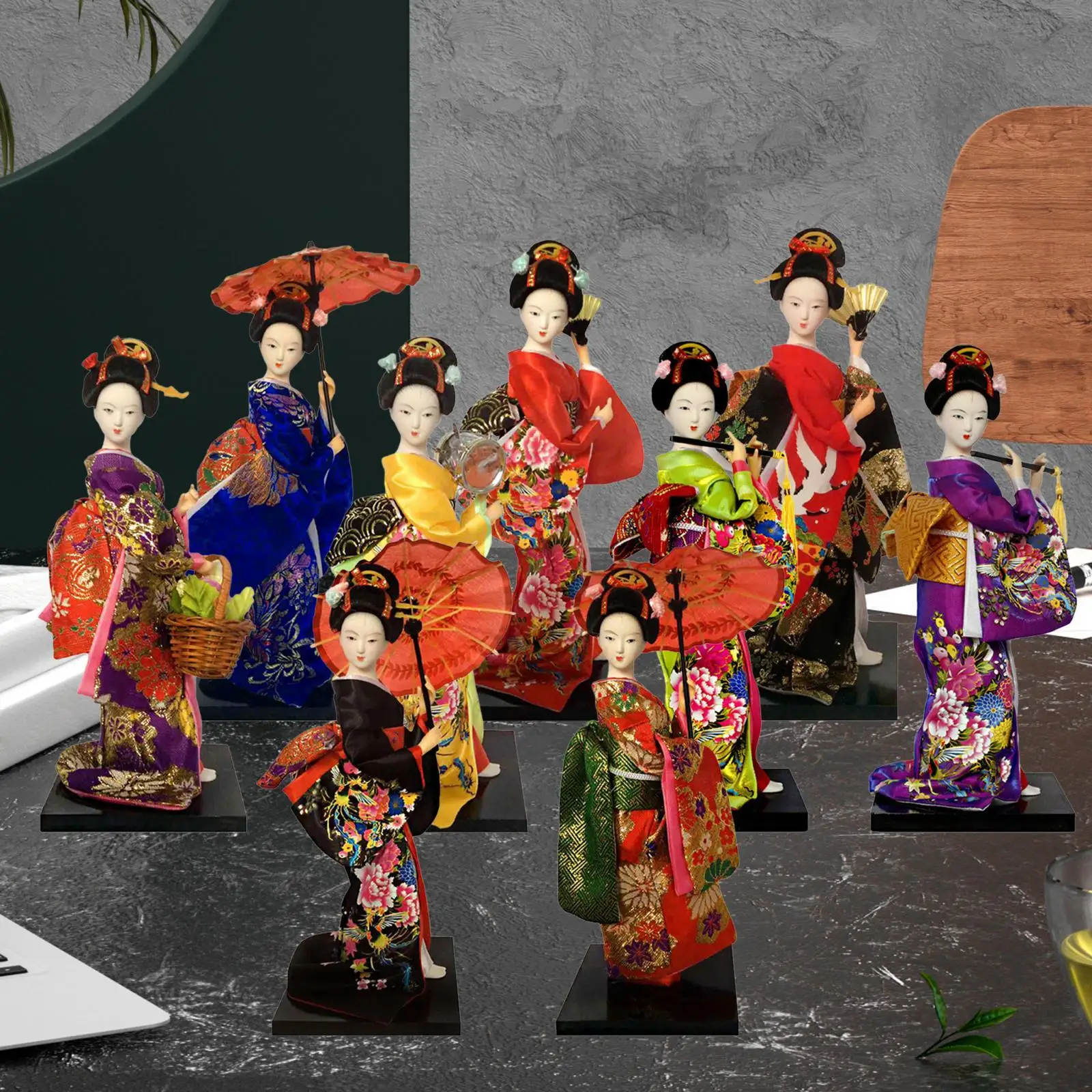 Ethnic Japanese Geisha Dolls, Asian Geisha Doll, Free Standing Sculpture Girl Statue, Kimono Dolls for Tabletop Shelf Decor