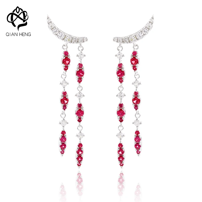 

Qian Heng S925 Silver Synthetic Ruby Drop Earring Vintage Style Gems Stone Earrings Classic Design Engagement For Women Gift