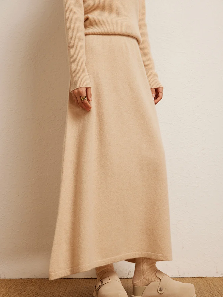Jupe trapèze en cachemire pour femmes, basique, classique, taille haute, ample, décontractée, robe tricotée en cachemire, automne hiver, 100%