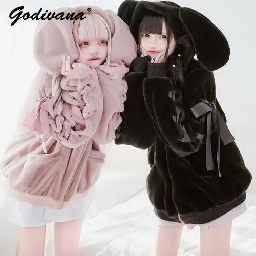 Japanese Style Autumn and Winter New Furry Jacket Solid Color Female Straps Soft Hooded Rabbit Ears Warm Fleece Jacket Parkas