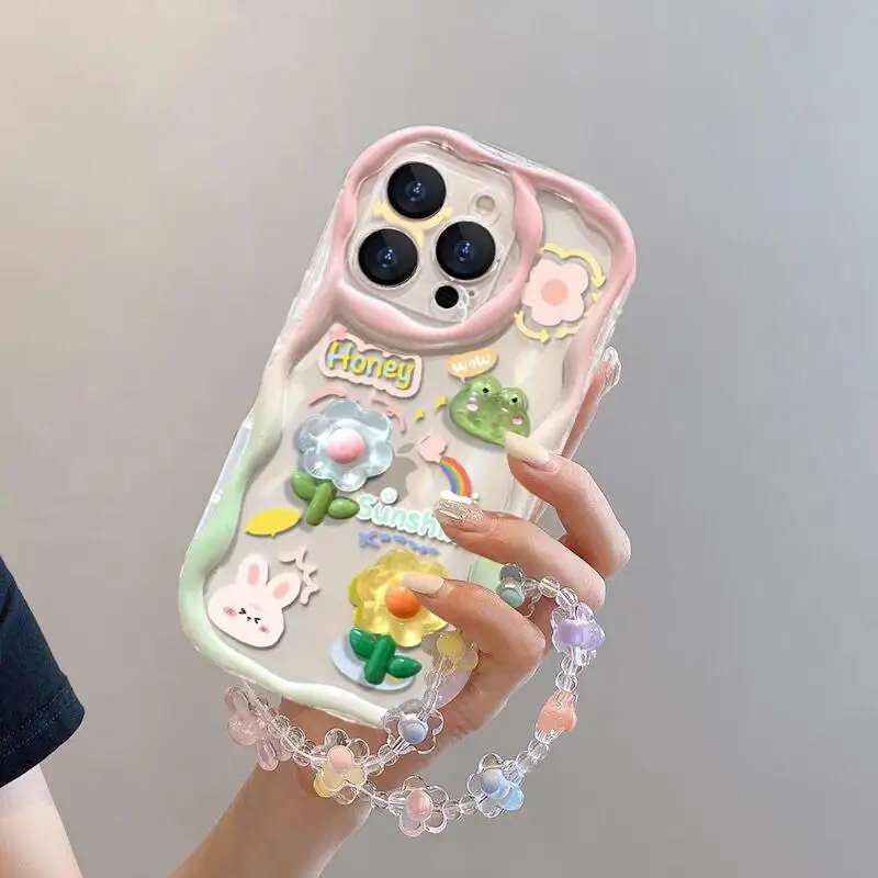 3D Rabbit Flower Hang Wrist Chain Strap Phone Case for IPhone 16 15 12 11 Pro Max 14 Plus 13 Mini X XS XR 7 8 Plus SE Cover