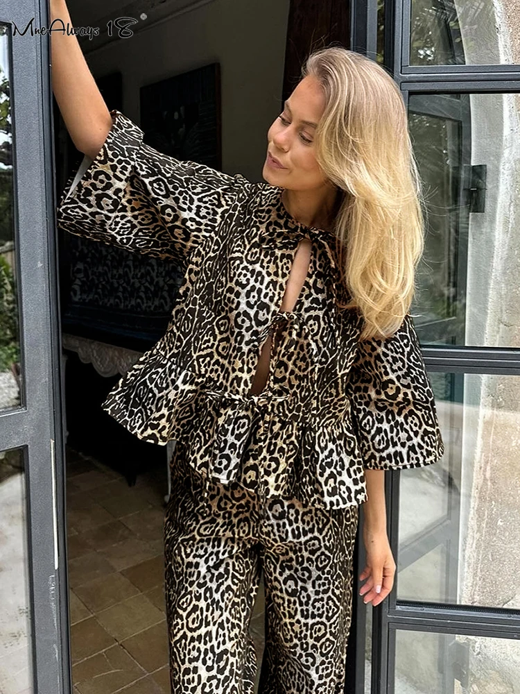 Mnealways18 Leopard Print Elegant Pants Suits Women O-Neck Lace-Up Tees And Wide Legs Pants Two Pieces Sets Summer Office Ladies