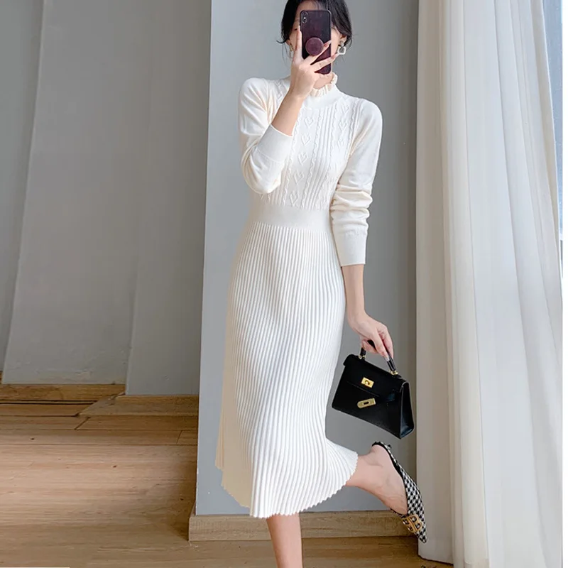 

2024 Women's New Autumn and Winter Solid Long Sleeved High Waist Slimming Bottom Medium Length Sweater Dress Elegant LJ662