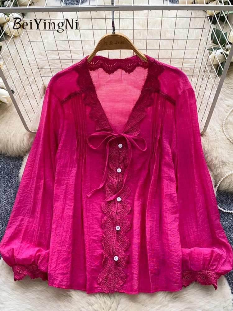 

Beiyingni Newest French Gentle Shirts for Women Lace Patchwork Loose V-neck Tops Female Lace-up Chic Elegant Commute Shirt 2026