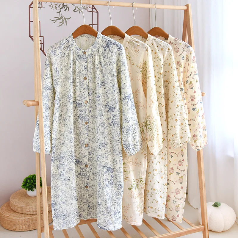 Spring /summer Long Sleeved Round Necked Night Dress Women Loose Cotton Pajamas Open Front Home Clothing Leisure Nightgown