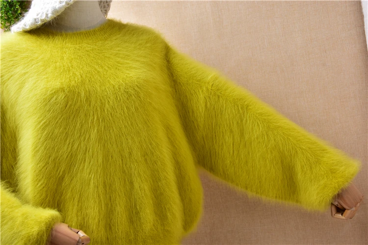 Ladies Women Fashion Fall Winter Green Hairy Mink Cashmere Knitted Long Batwing Sleeves O-Neck Loose Pullover Jumper Sweater Top