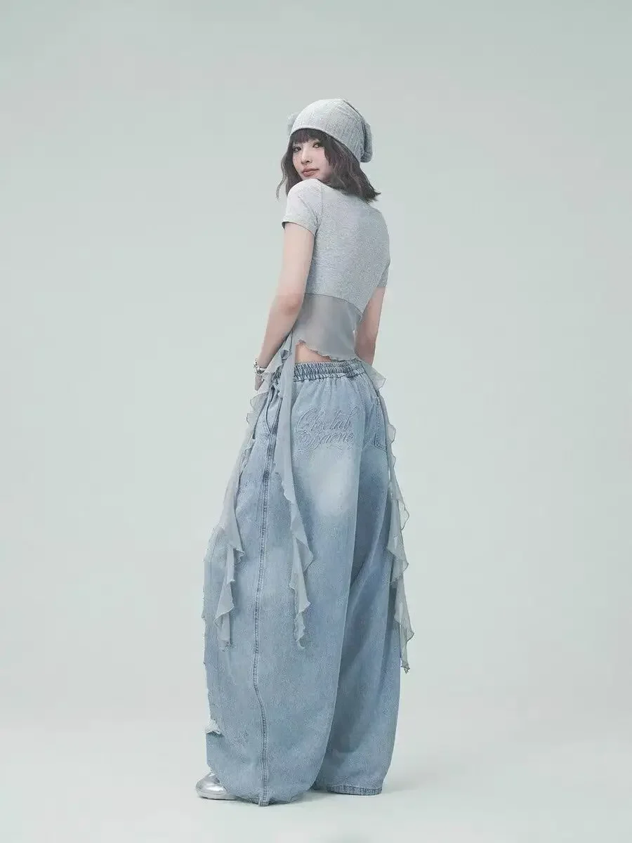 Blue Distressed Vintage Lace Patchwork Ripped Jeans Women Streetwear Y2k American Retro High Waist Wide Leg Denim Pants