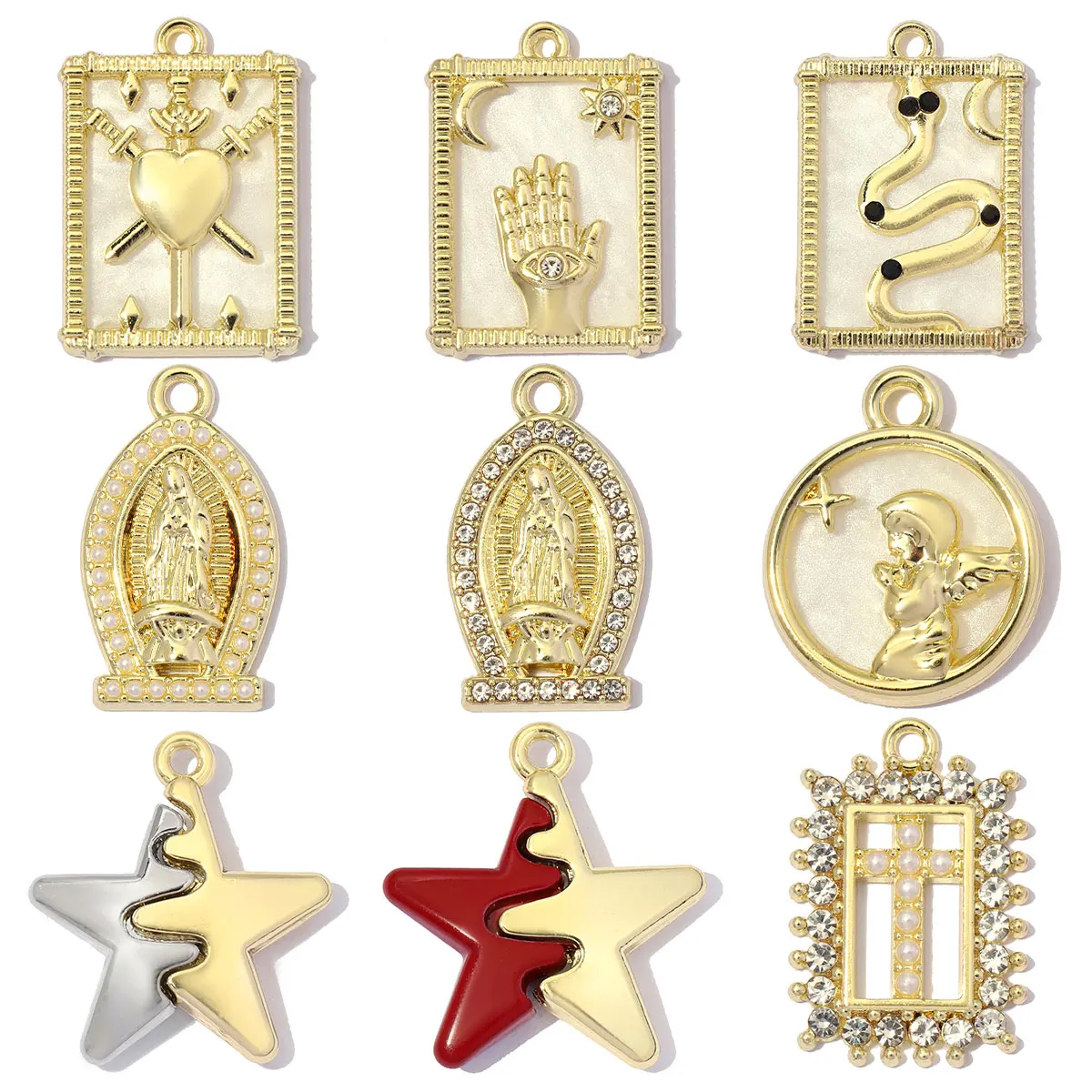 7pcs/lot Gold Plated Square Snake Heart Mary Earring Pendant Enamel Cupid Prayer Star DIY Charm Women Necklace Making Jewelry