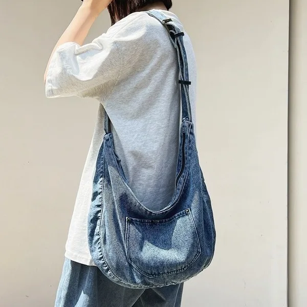 Wear-resistant denim crossbody bag for women, large capacity, single shoulder bag, student casual style, lazy-style lunch bag