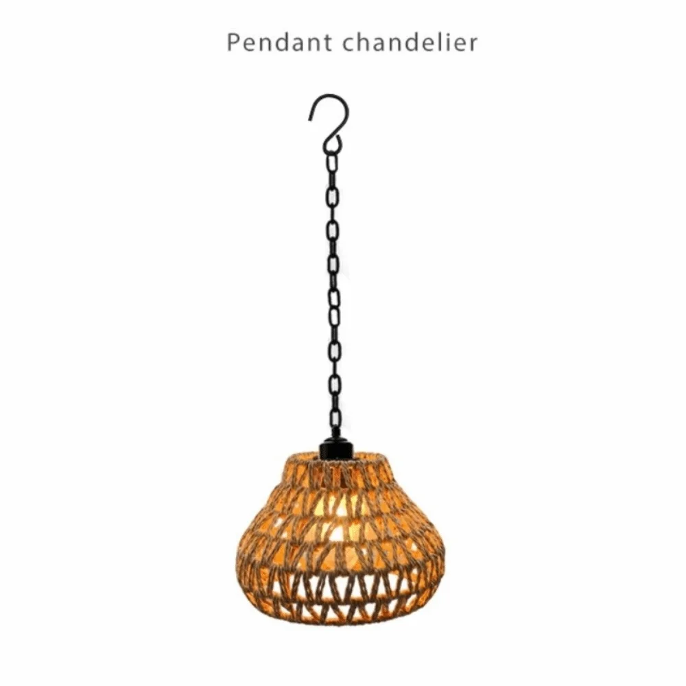 Long Iron Chain Rattan Hanging Lights Rope Woven Shade Pation Decor Rechargeable Pendant Light Hand Craft Chandelier Fixture